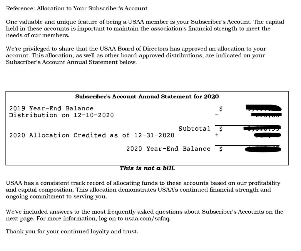 USAA Subscriber's Savings Account Distribution and Senior Bonus
